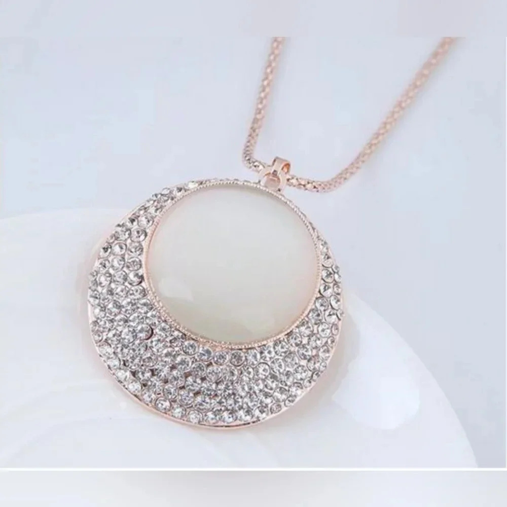 Opal and Rhinestone Embellished Round Pendant Long Style Golden Fashion Necklace